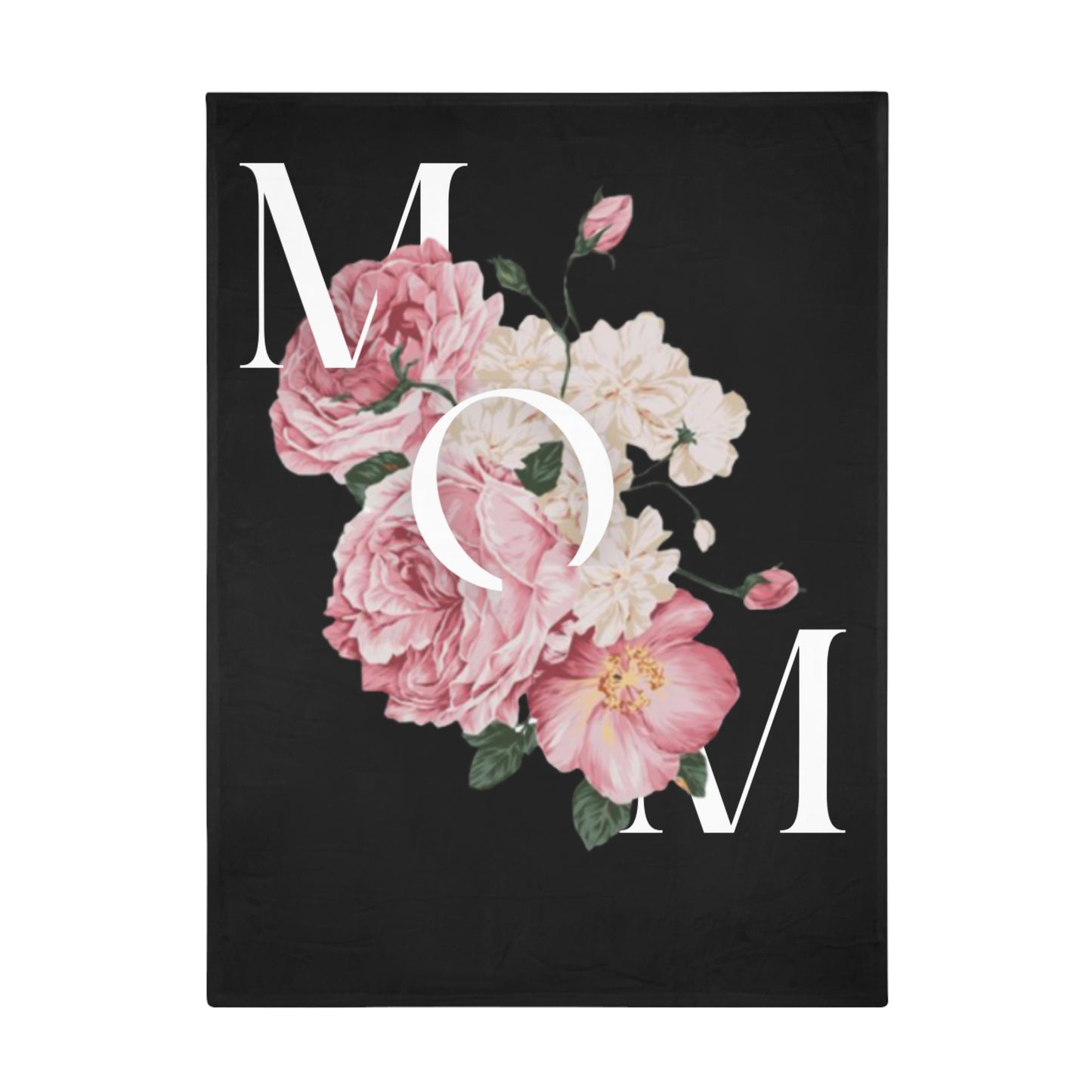 Monogram Floral Plush Fleece Blanket — MOM Lettered Black Rose Throw