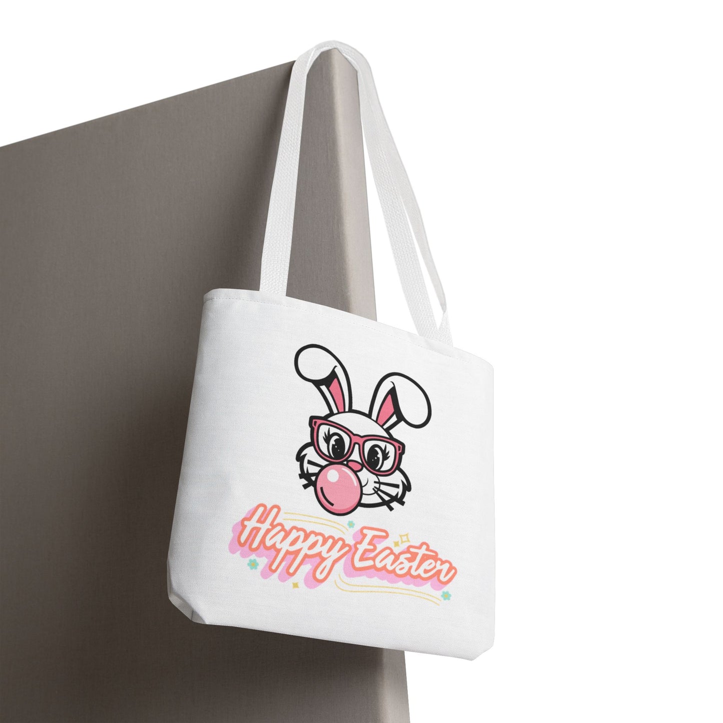 Easter Bunny Tote Bag — "Happy Easter" Cute Bunny with Glasses & Bubblegum