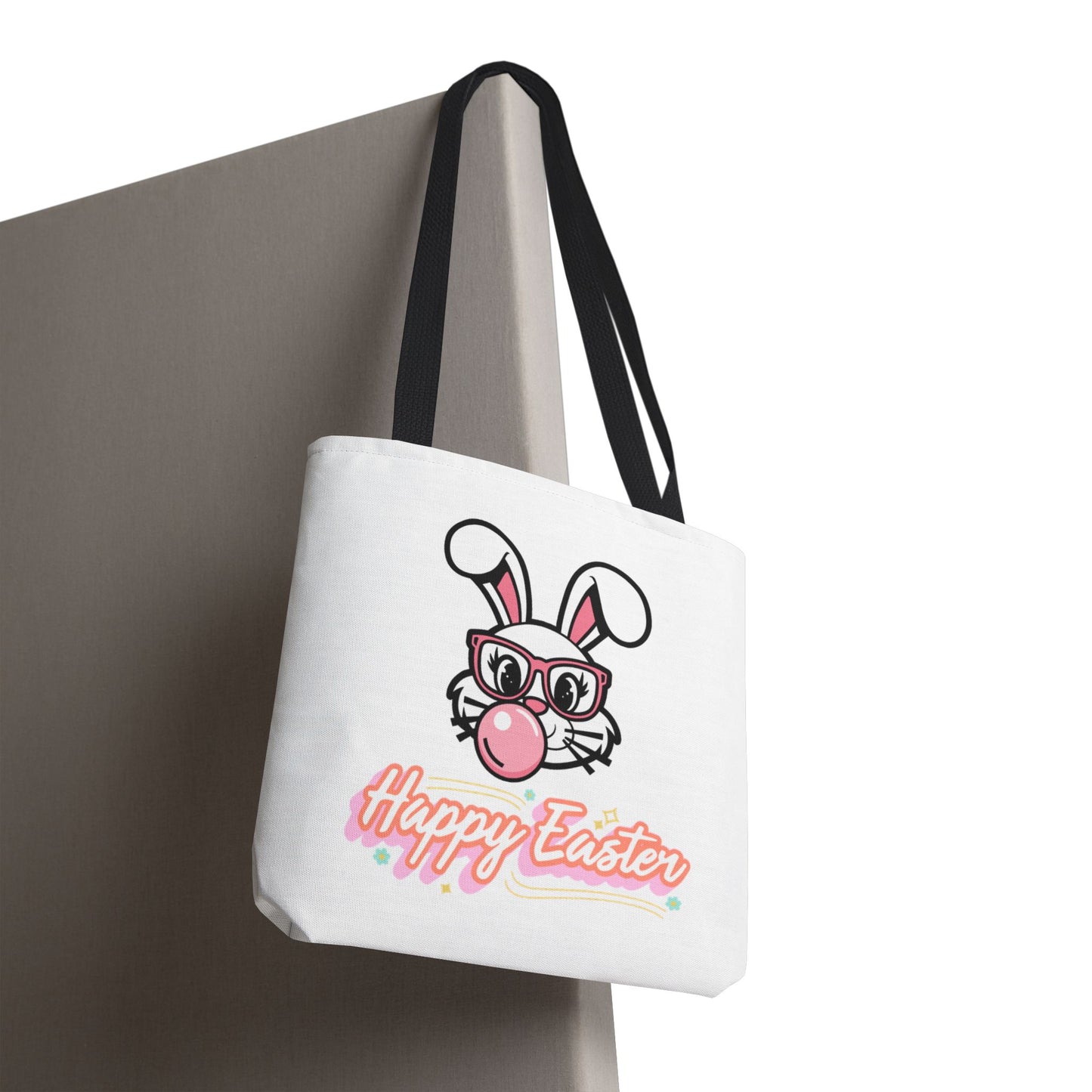 Easter Bunny Tote Bag — "Happy Easter" Cute Bunny with Glasses & Bubblegum