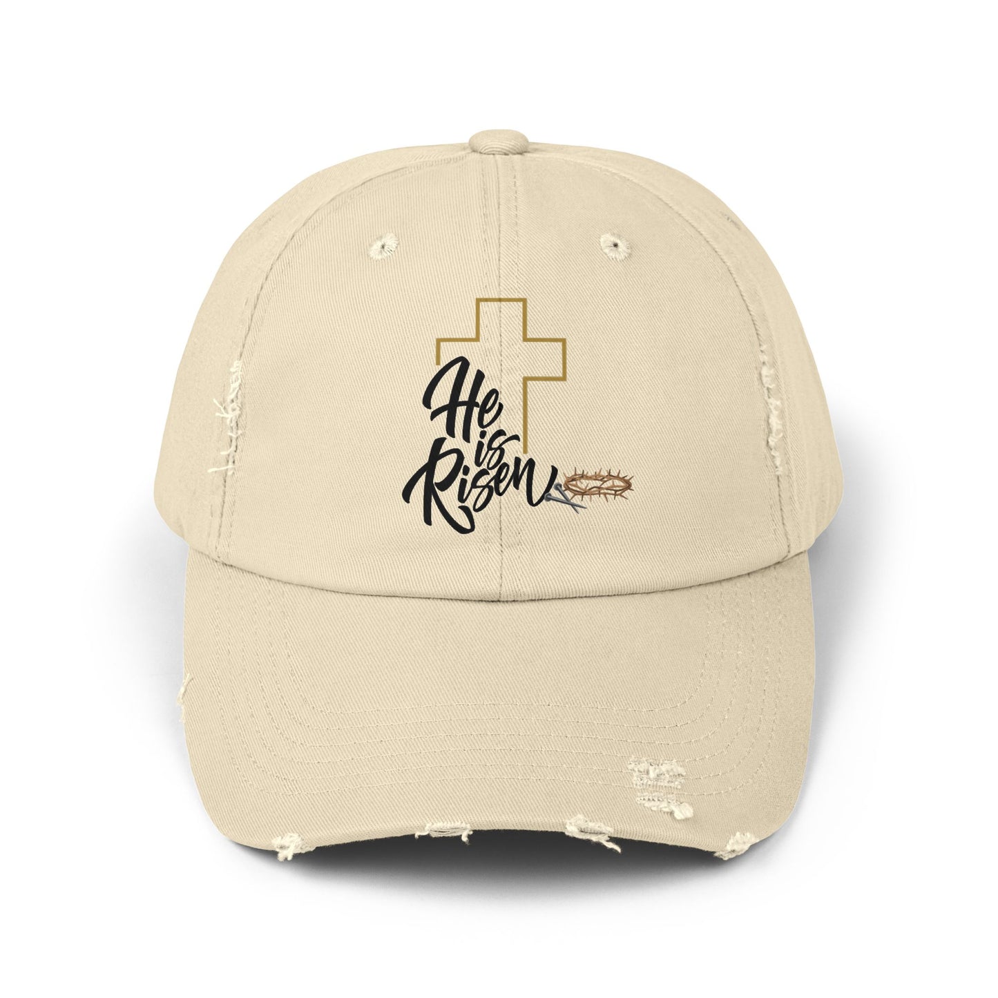 He Risen Distressed Baseball Cap – Christian Cross Hat