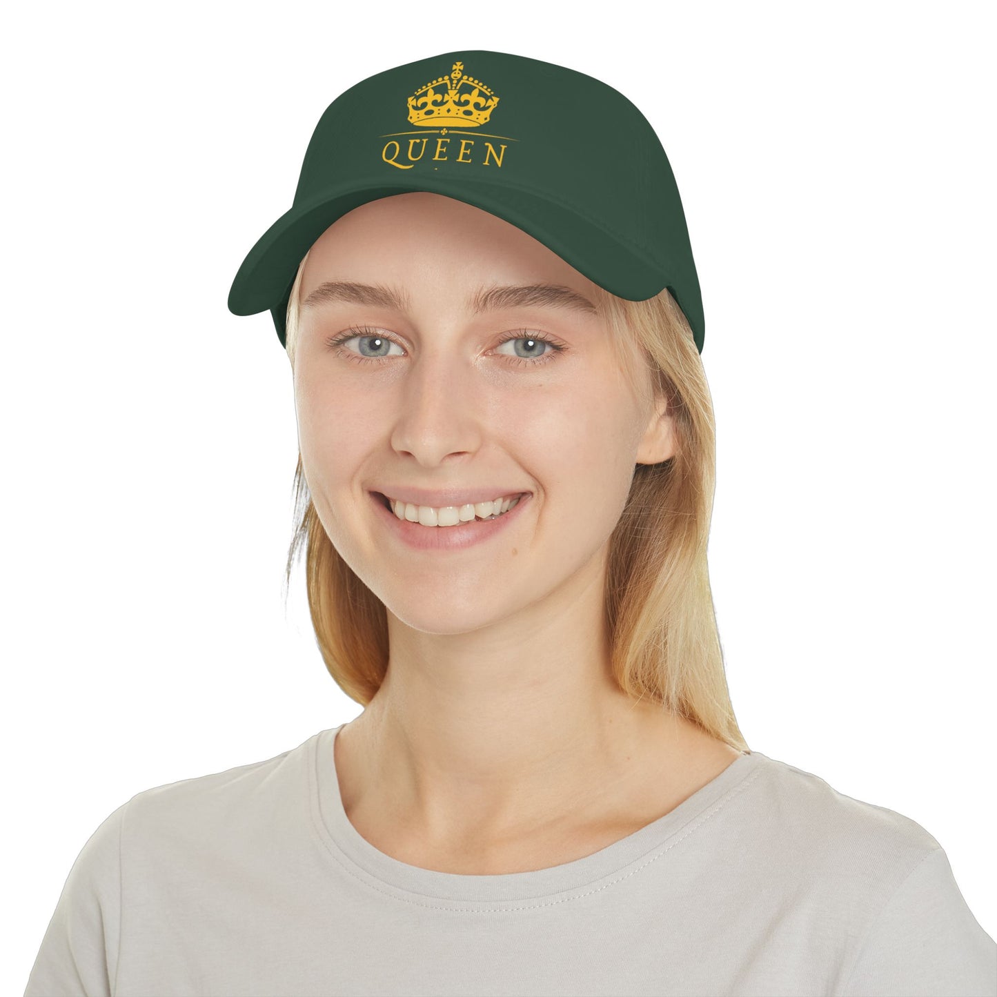 Queen Crown Baseball Cap — Red Low Profile Hat with Gold "QUEEN" Text