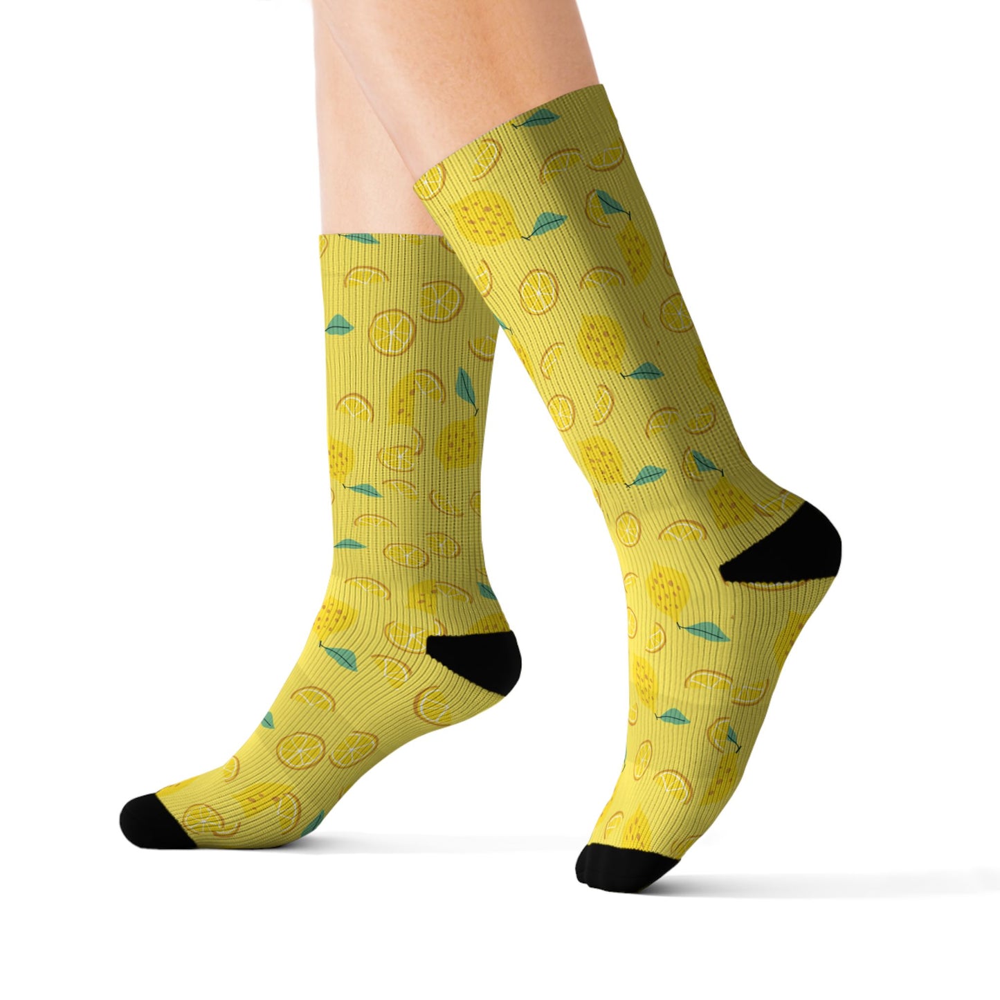 Lemon Pattern Sublimation Socks — Bright Yellow Citrus Crew Socks