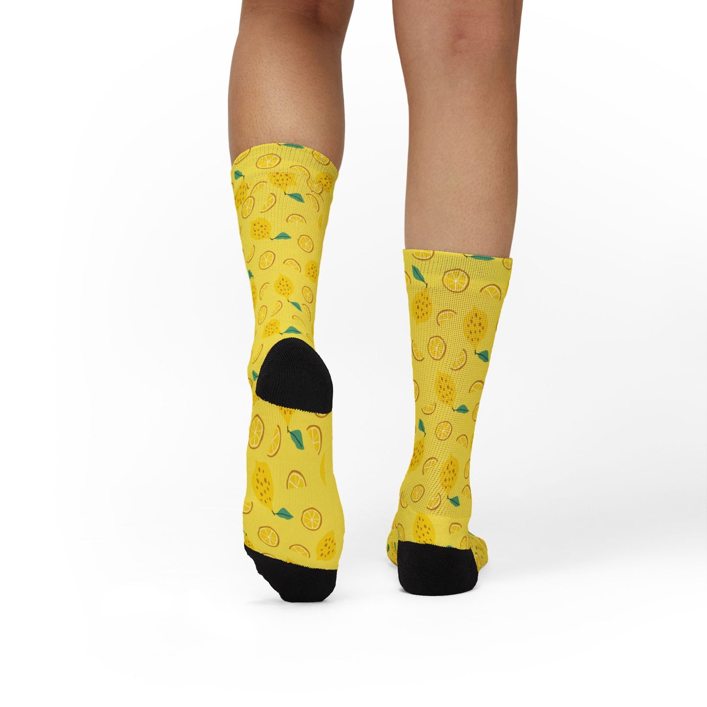 Lemon Pattern Sublimation Socks — Bright Yellow Citrus Crew Socks