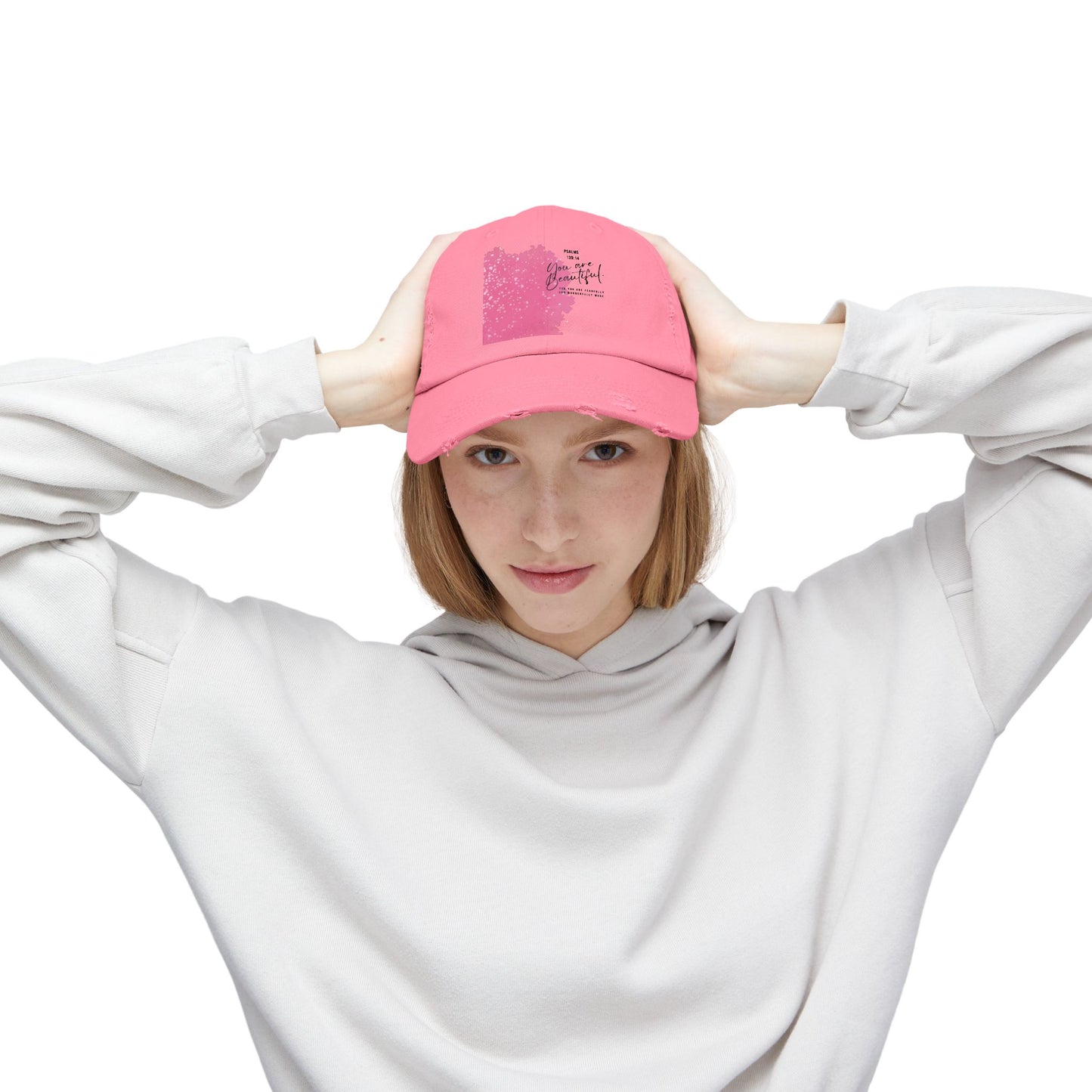 Distressed Baseball Cap - Pink Brushblock "You Are Beautiful" Design