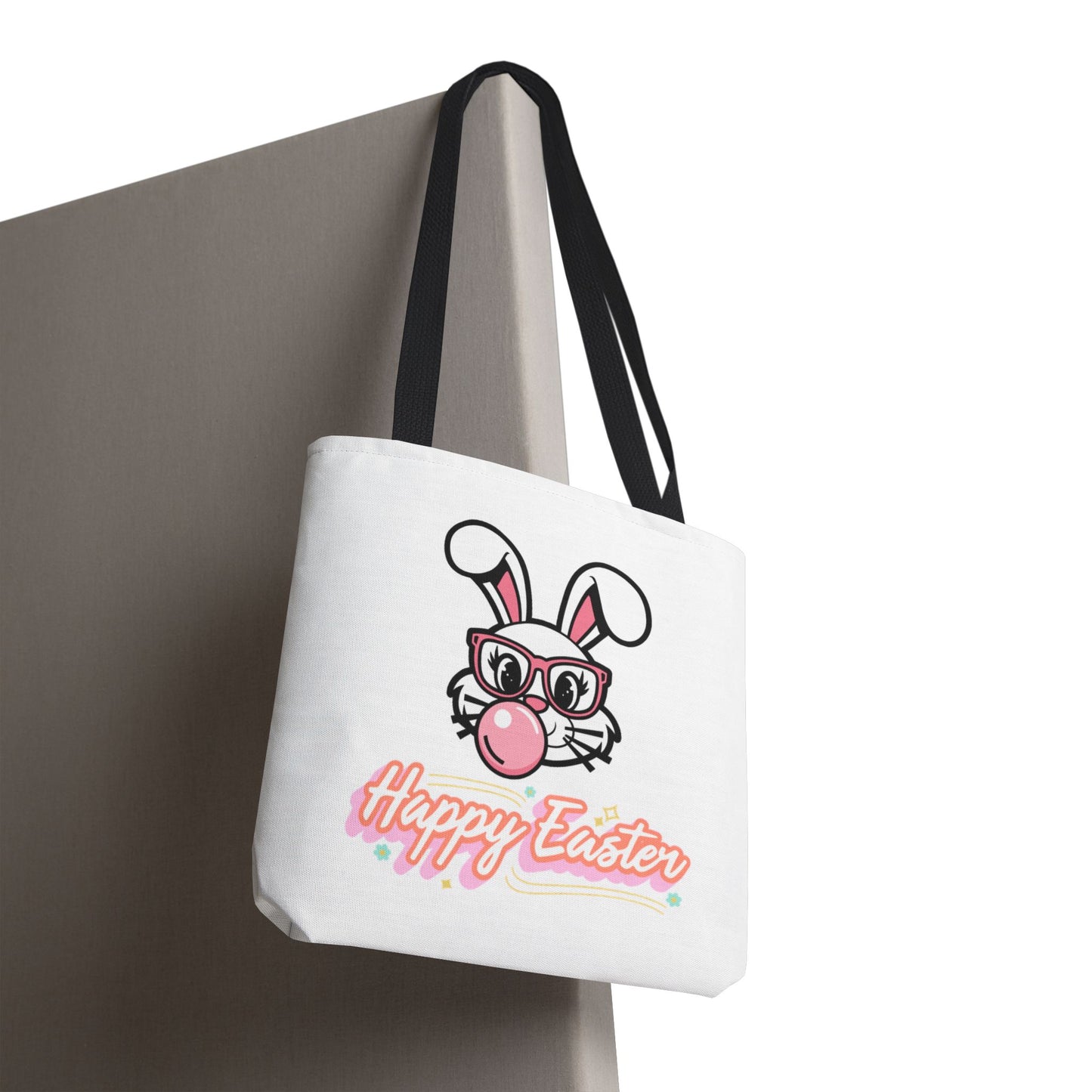 Easter Bunny Tote Bag — "Happy Easter" Cute Bunny with Glasses & Bubblegum