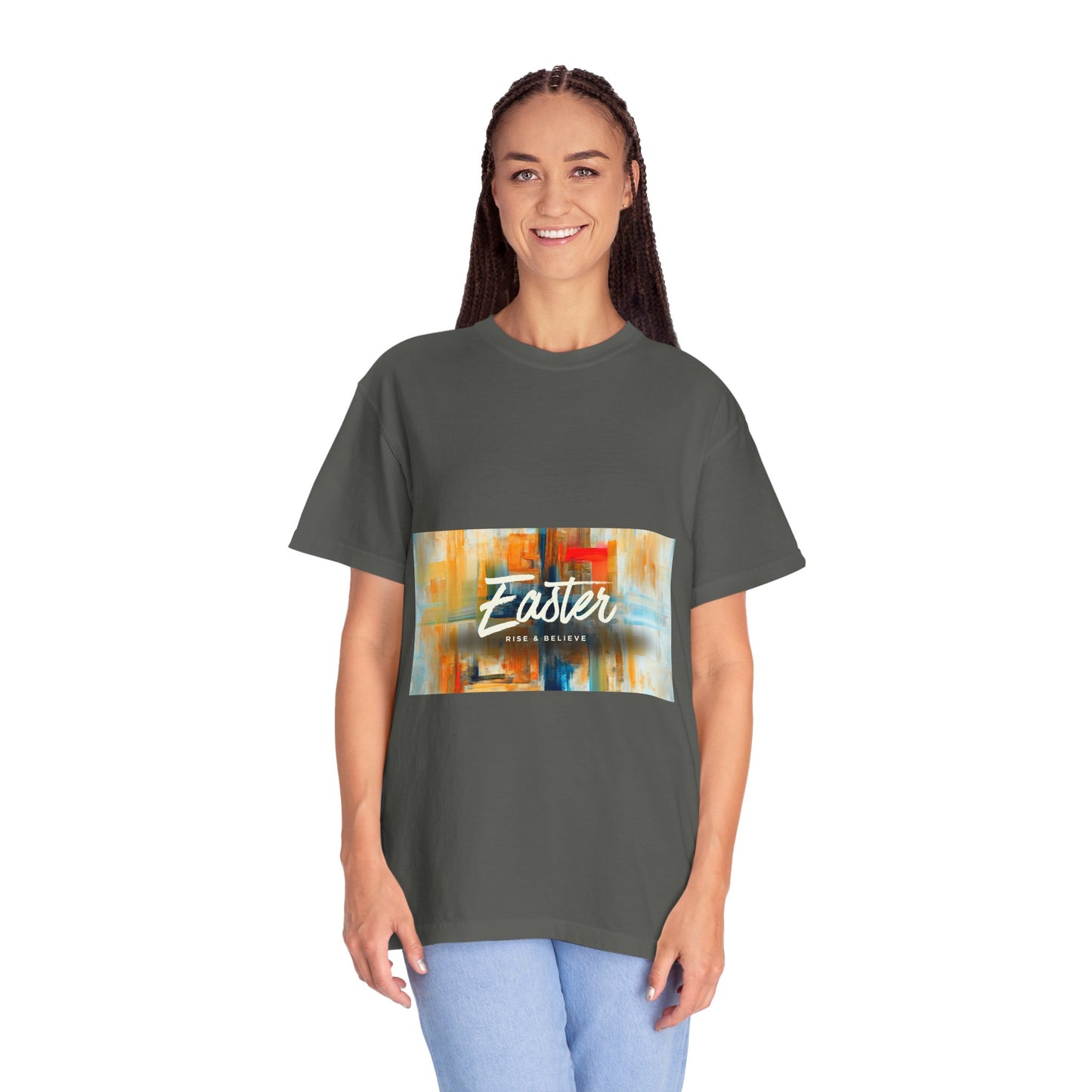 Easter Abstract Brushstroke T-Shirt — "Easter He is Risen" Graphic