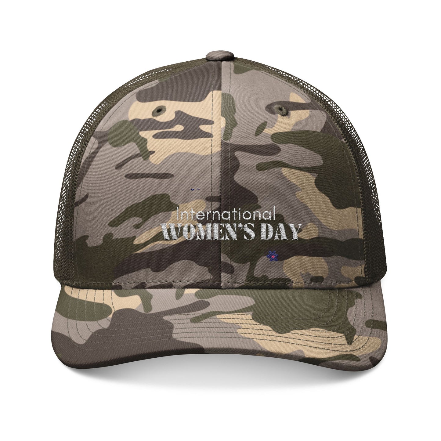 Camouflage Trucker Hat — Embroidered "International Women’s Day" Mesh Cap