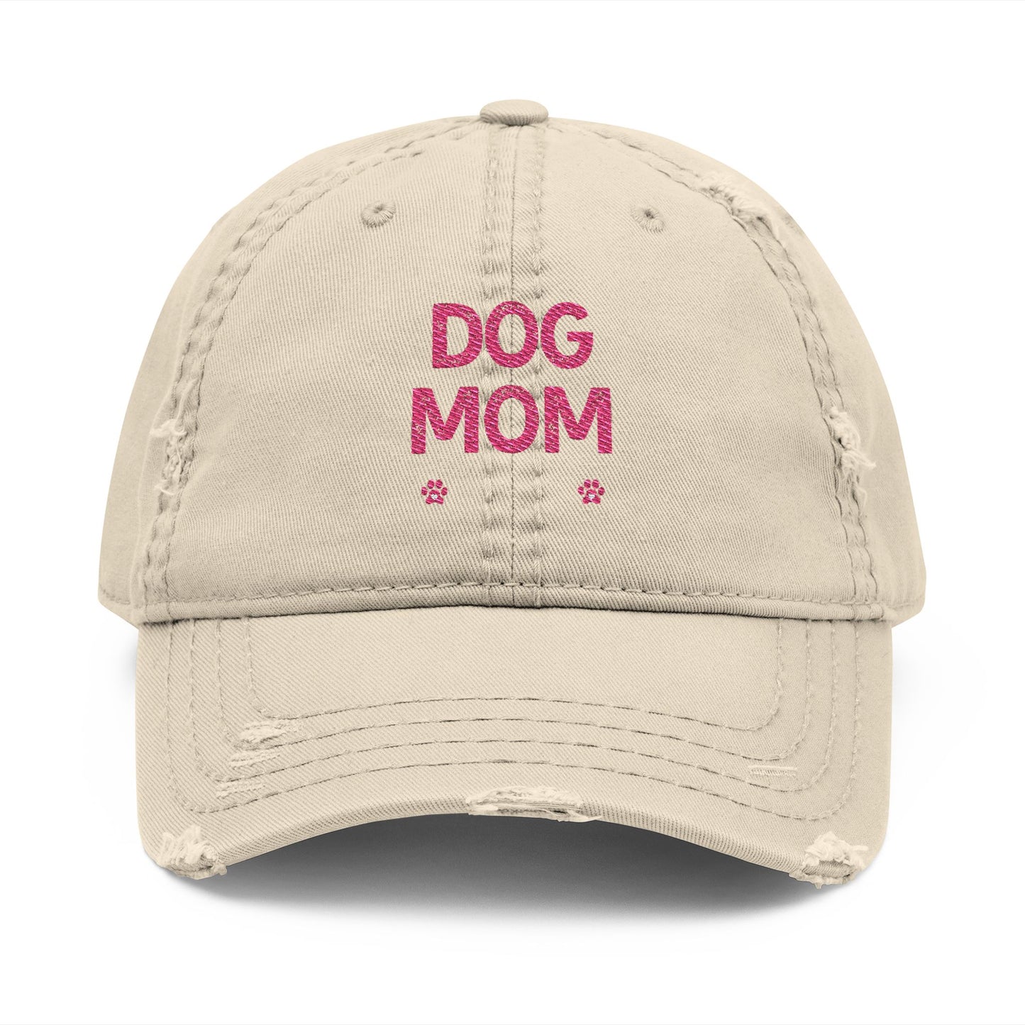 Dog Mom Embroidered Distressed Dad Hat – Pink Script
