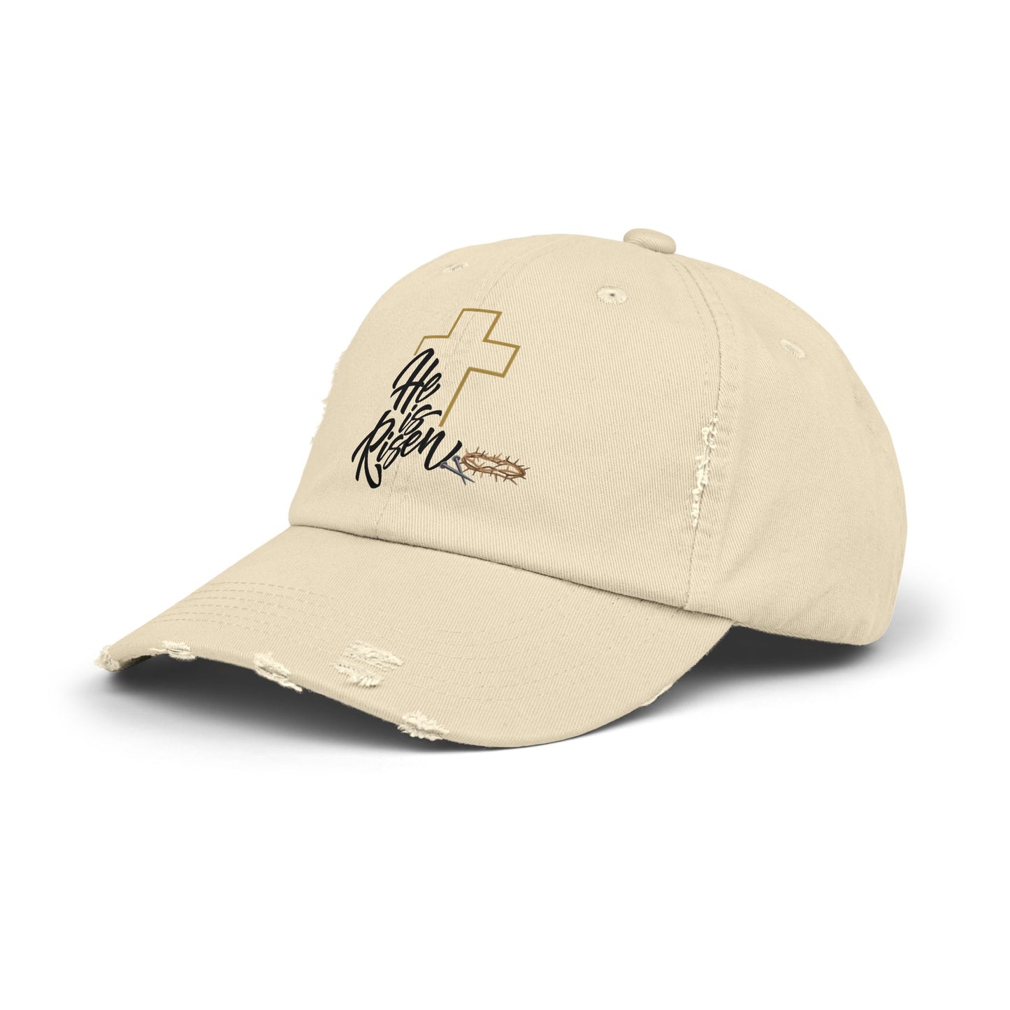 He Risen Distressed Baseball Cap – Christian Cross Hat