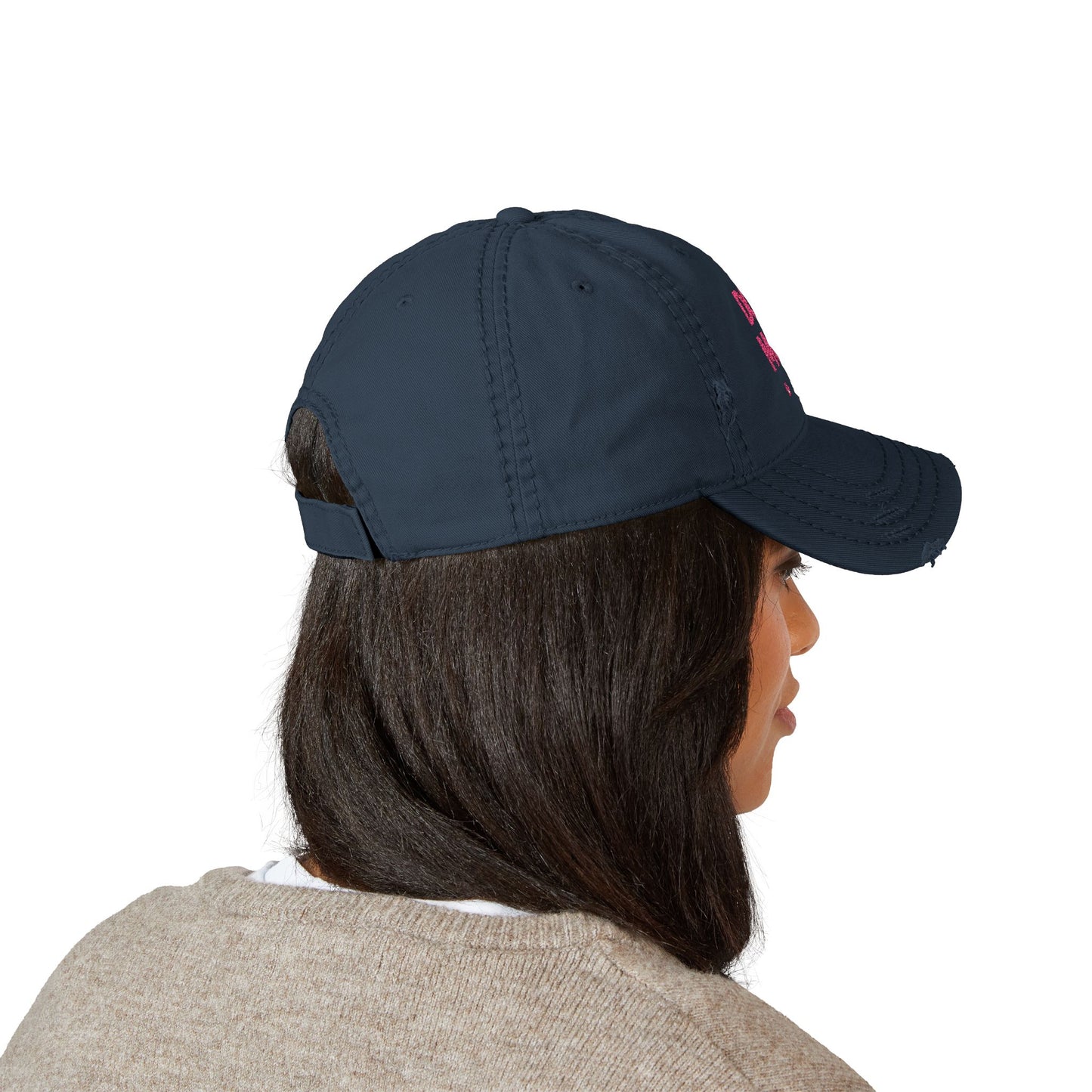 Dog Mom Embroidered Distressed Dad Hat – Pink Script