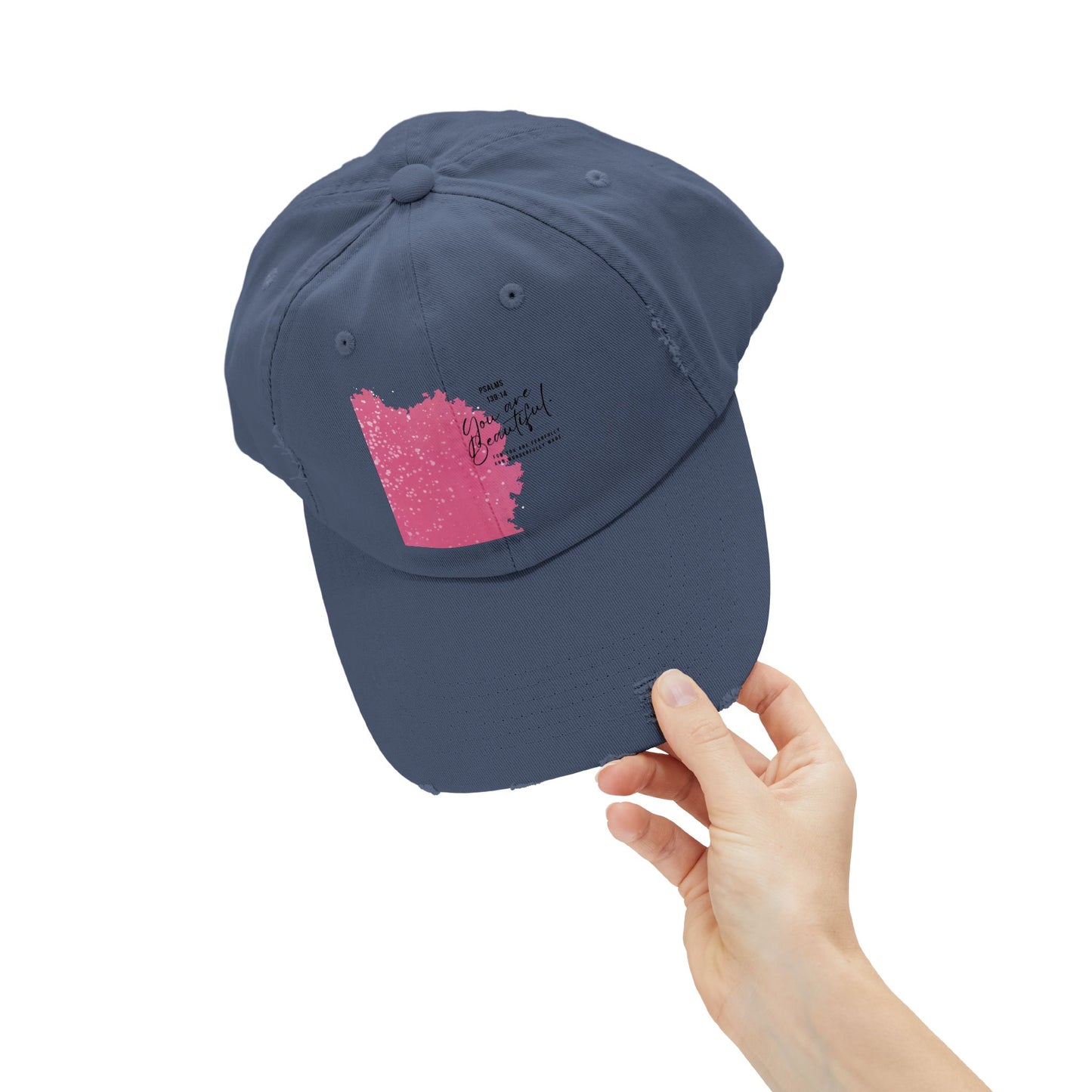 Distressed Baseball Cap - Pink Brushblock "You Are Beautiful" Design