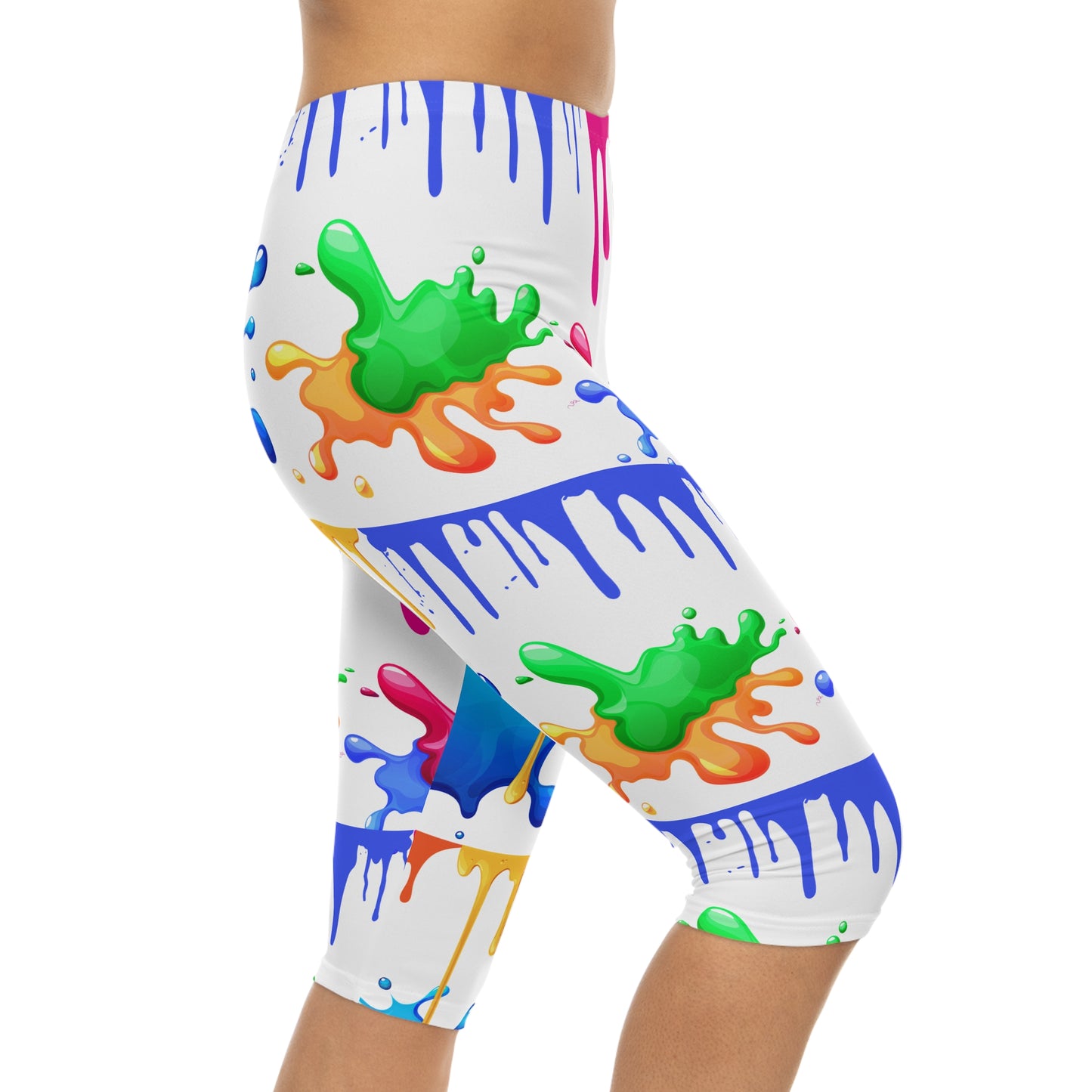 Color Splash Capri Leggings — Bright Paint Drip All-Over Print