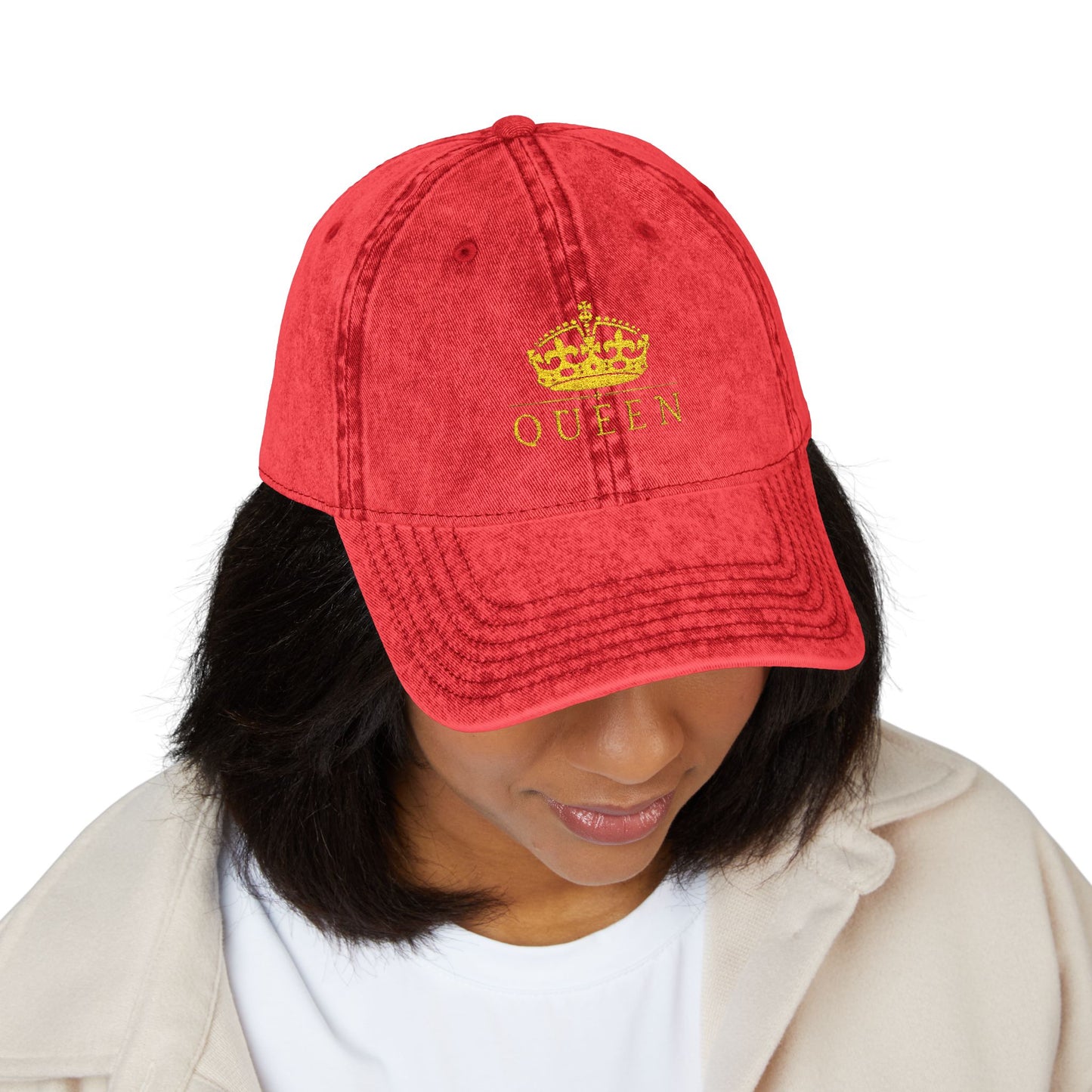 Embroidered 'Queen' Vintage Baseball Cap - Distressed Red Crown Hat
