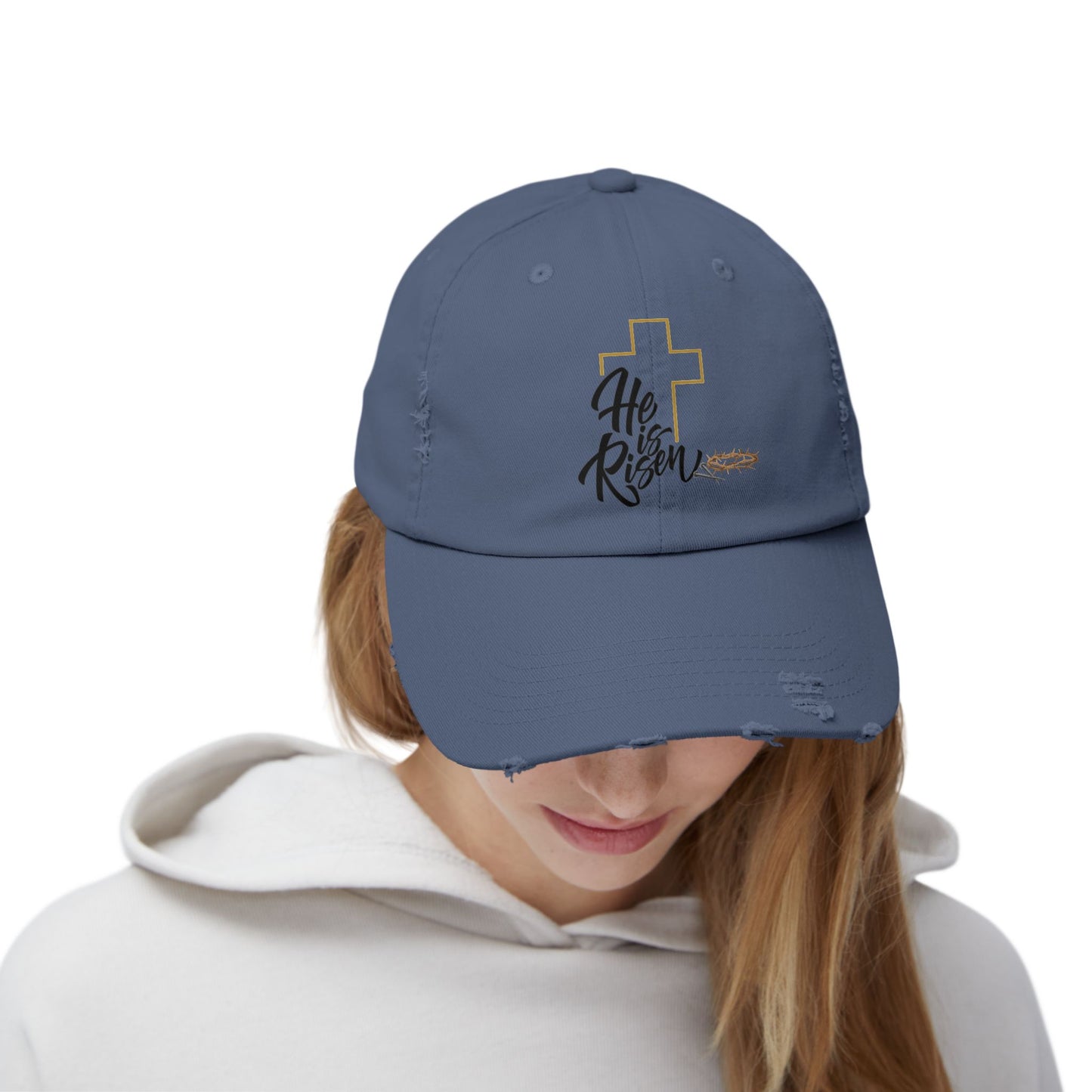 He Risen Distressed Baseball Cap – Christian Cross Hat