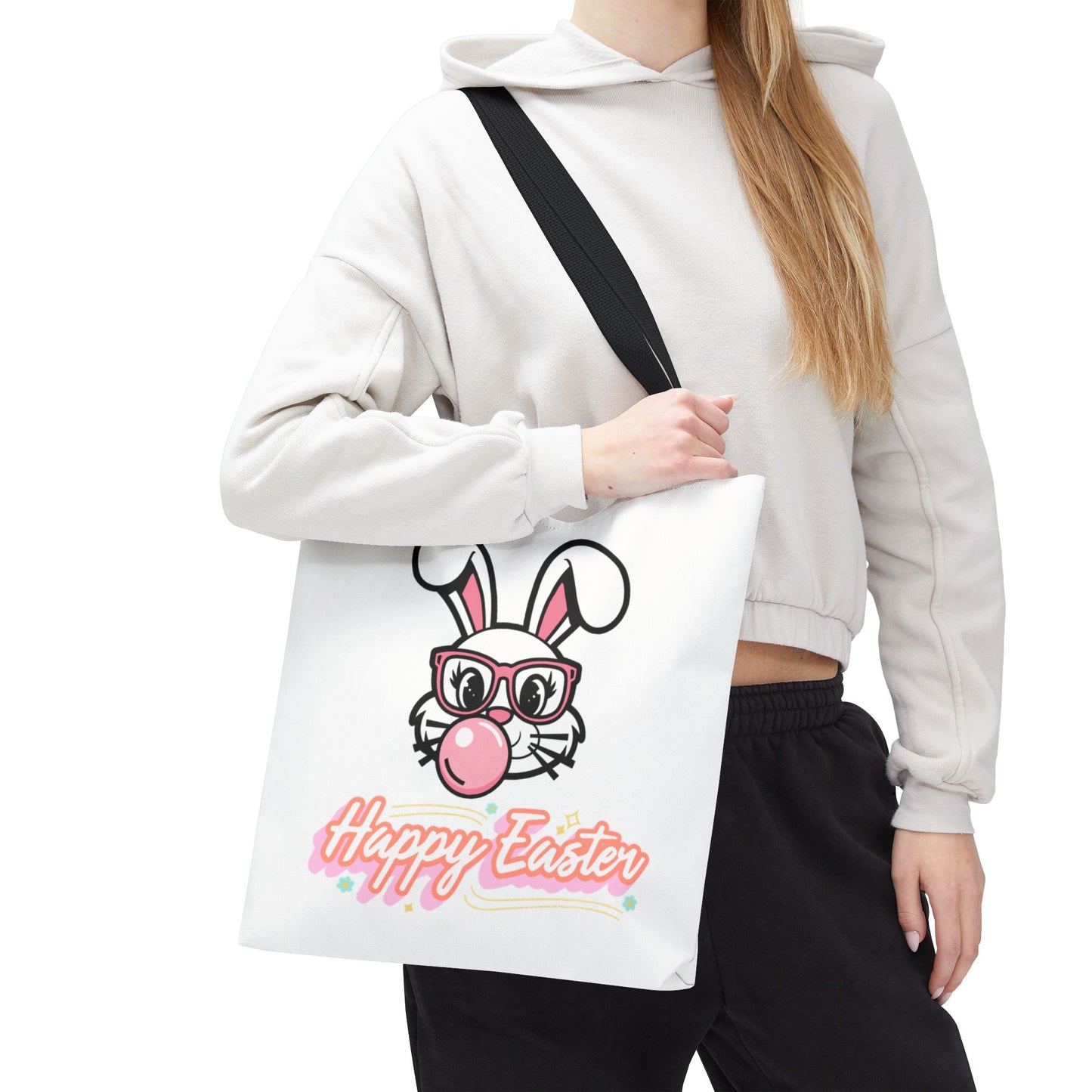 Easter Bunny Tote Bag — "Happy Easter" Cute Bunny with Glasses & Bubblegum