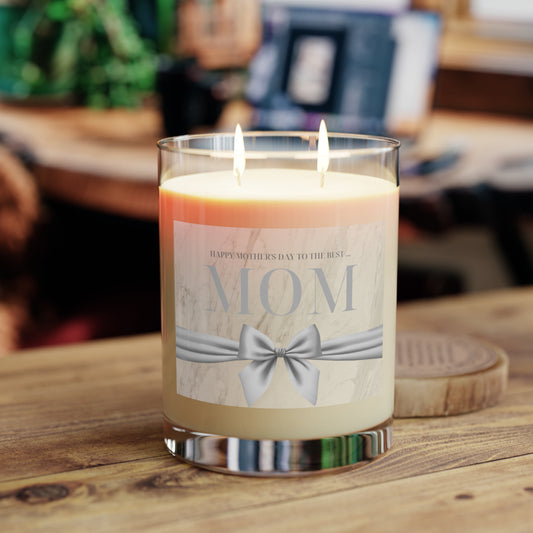 Mother’s Day Scented Candle - ‘MOM’ Marble Label with Silver Bow (11oz Glass)