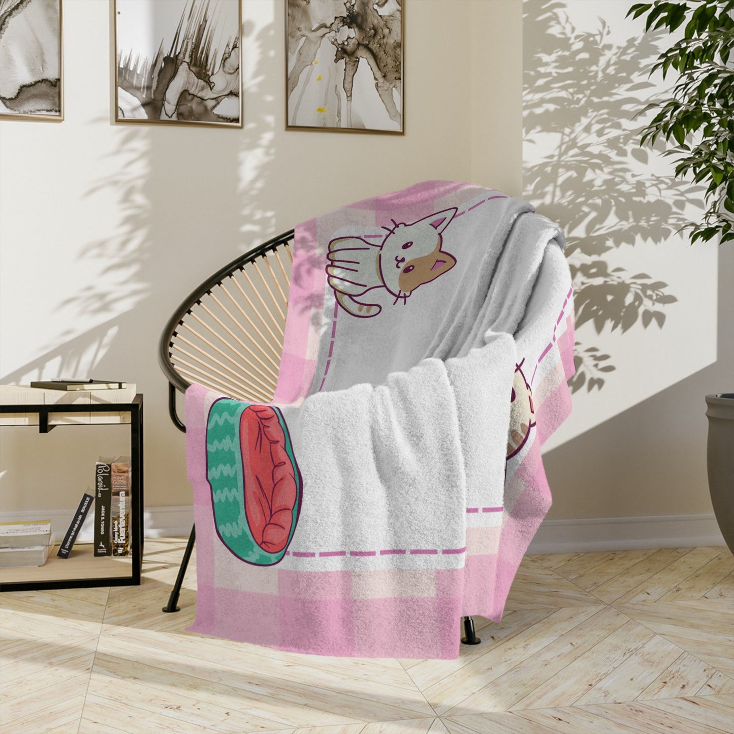Pink Cute Kitty Microfiber Blanket — Cozy Cat Paw Plaid Throw