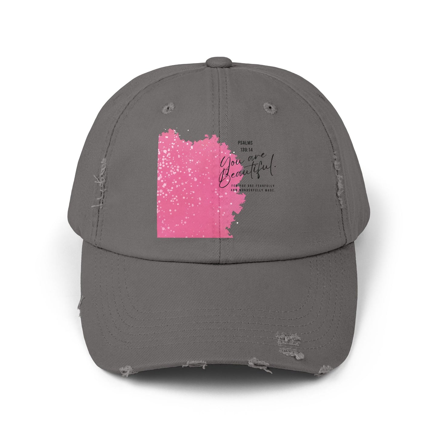 Distressed Baseball Cap - Pink Brushblock "You Are Beautiful" Design