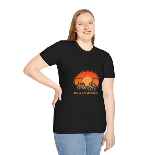 Adventure Mountains T-Shirt — "Life Is An Adventure" Retro Sunset Tee