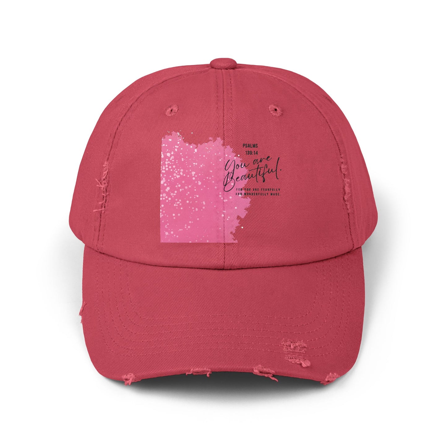 Distressed Baseball Cap - Pink Brushblock "You Are Beautiful" Design