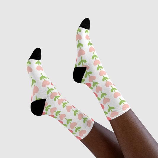Floral Heart Pattern Crew Socks — Pink Tulip Sublimation Socks