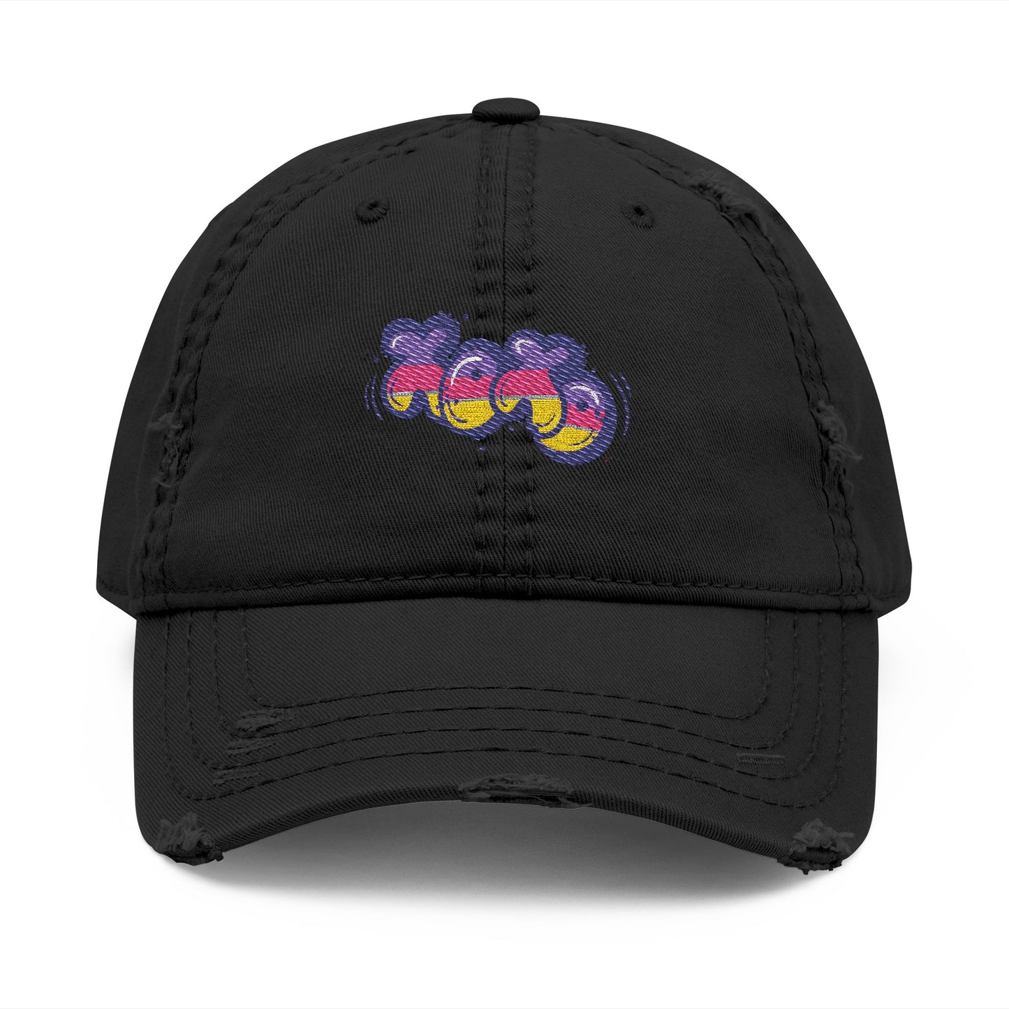 Distressed Embroidered Dad Hat — Colorful Retro Grapes Patch