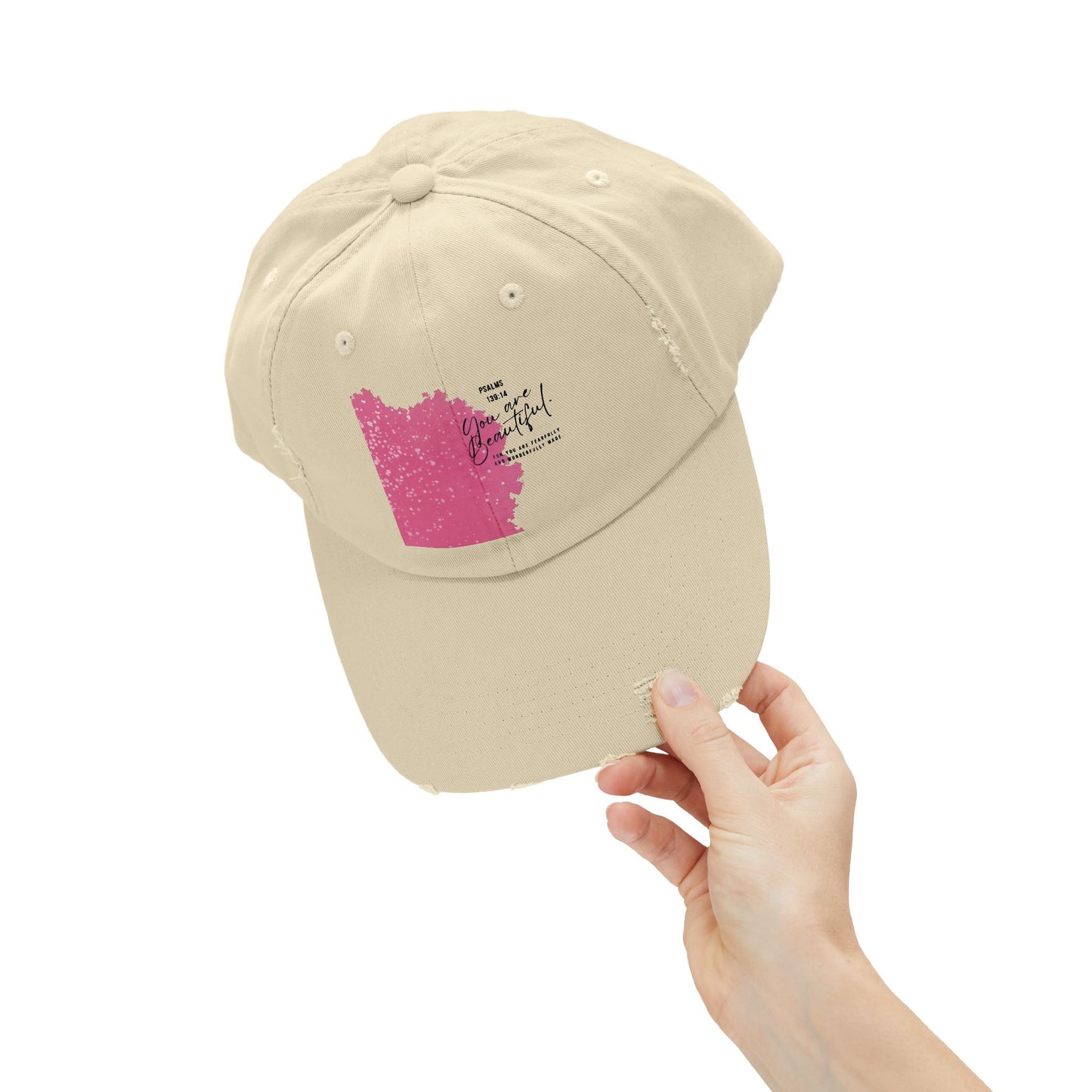 Distressed Baseball Cap - Pink Brushblock "You Are Beautiful" Design