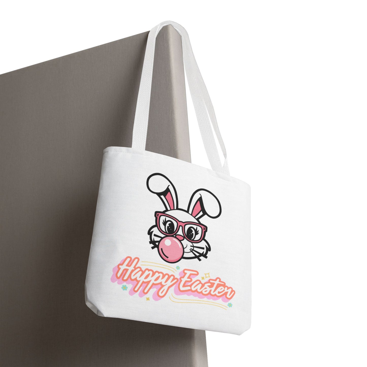Easter Bunny Tote Bag — "Happy Easter" Cute Bunny with Glasses & Bubblegum